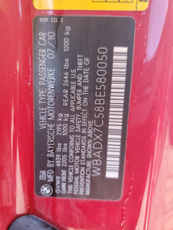 2011 BMW 335 I VIN: WBADX7C58BE580050 Lot: 85862924