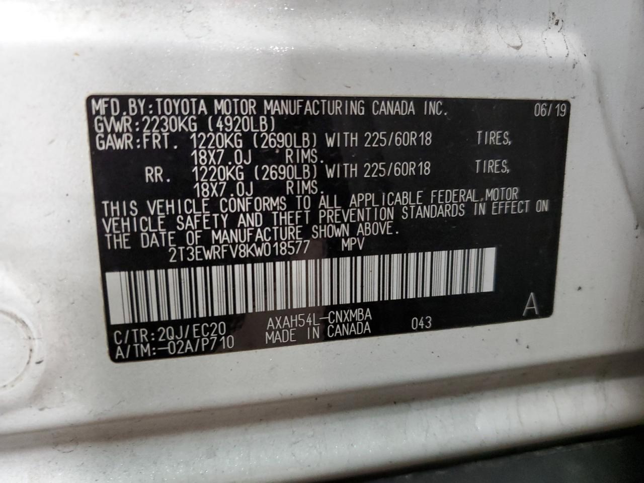 VIN 2T3EWRFV8KW018577 2019 TOYOTA RAV4 no.13