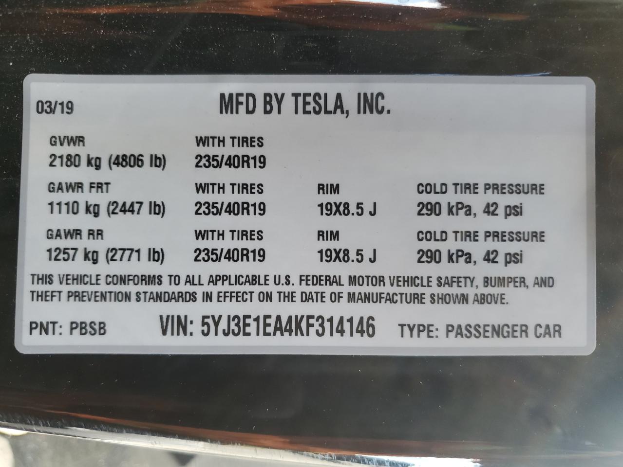 2019 Tesla Model 3 VIN: 5YJ3E1EA4KF314146 Lot: 83717384