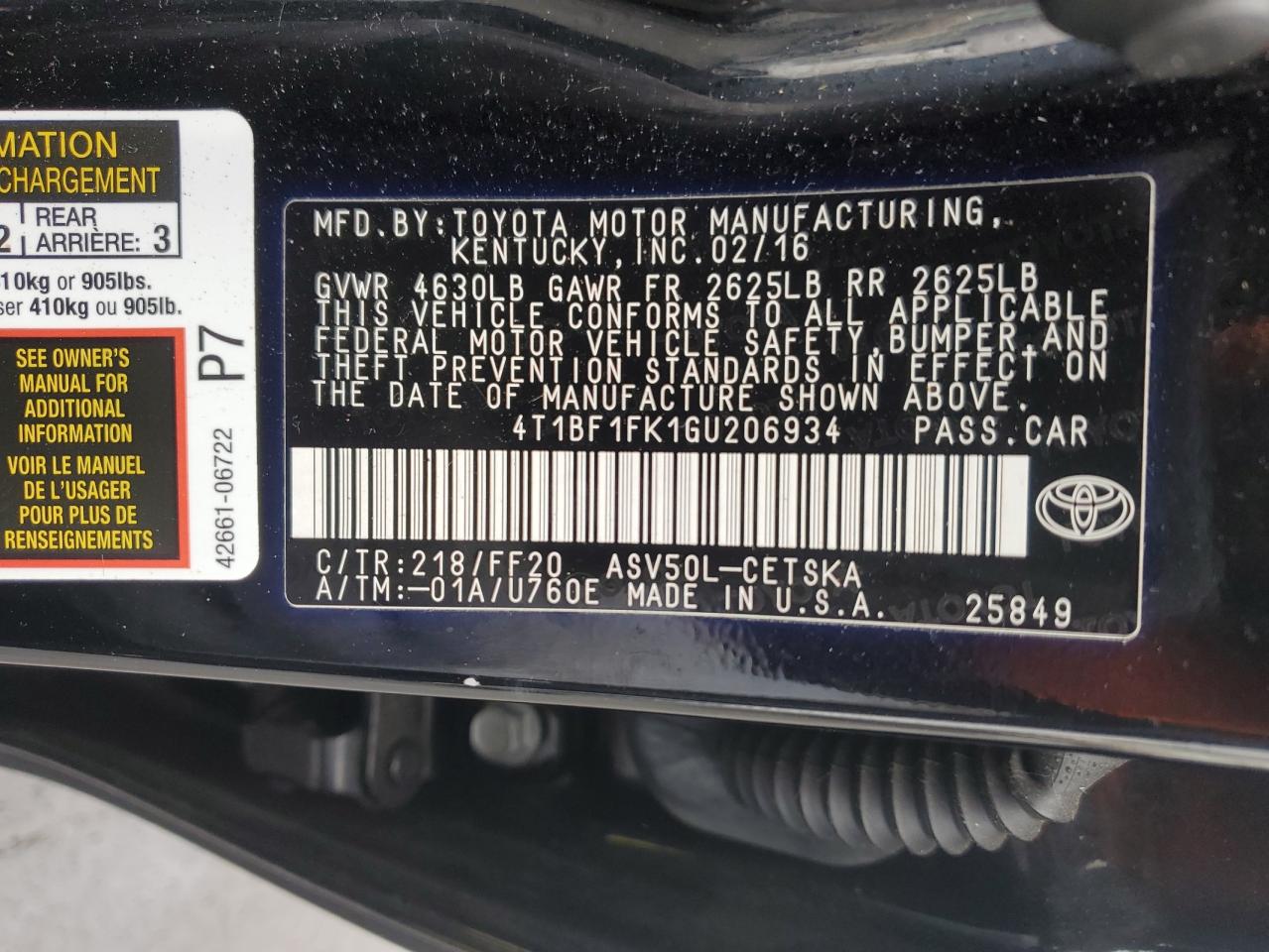 VIN 4T1BF1FK1GU206934 2016 TOYOTA CAMRY no.12