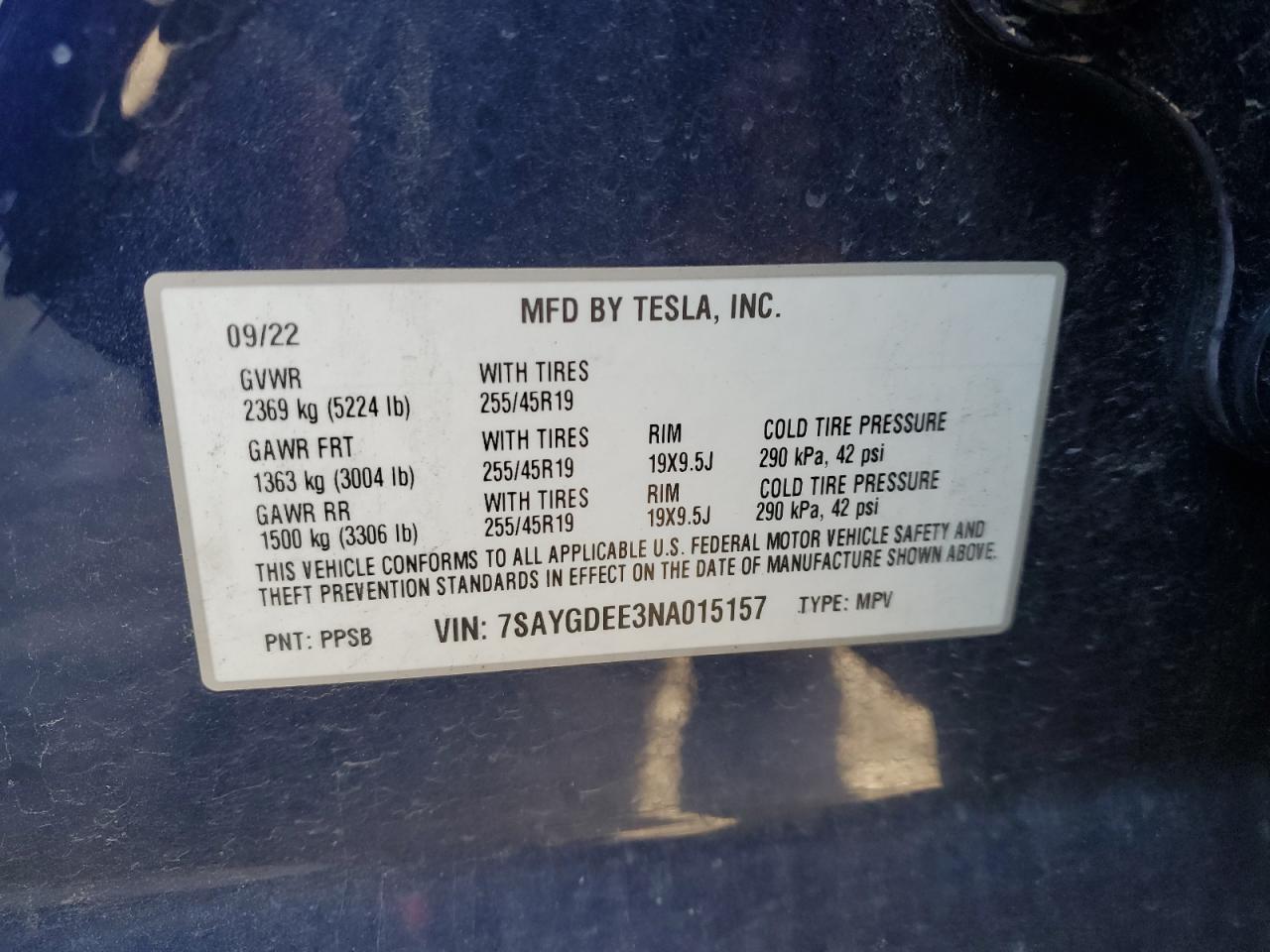 2022 Tesla Model Y VIN: 7SAYGDEE3NA015157 Lot: 82280424