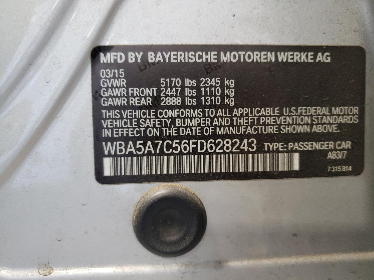 WBA5A7C56FD628243 BMW 5 Series 2015. Фото: 11