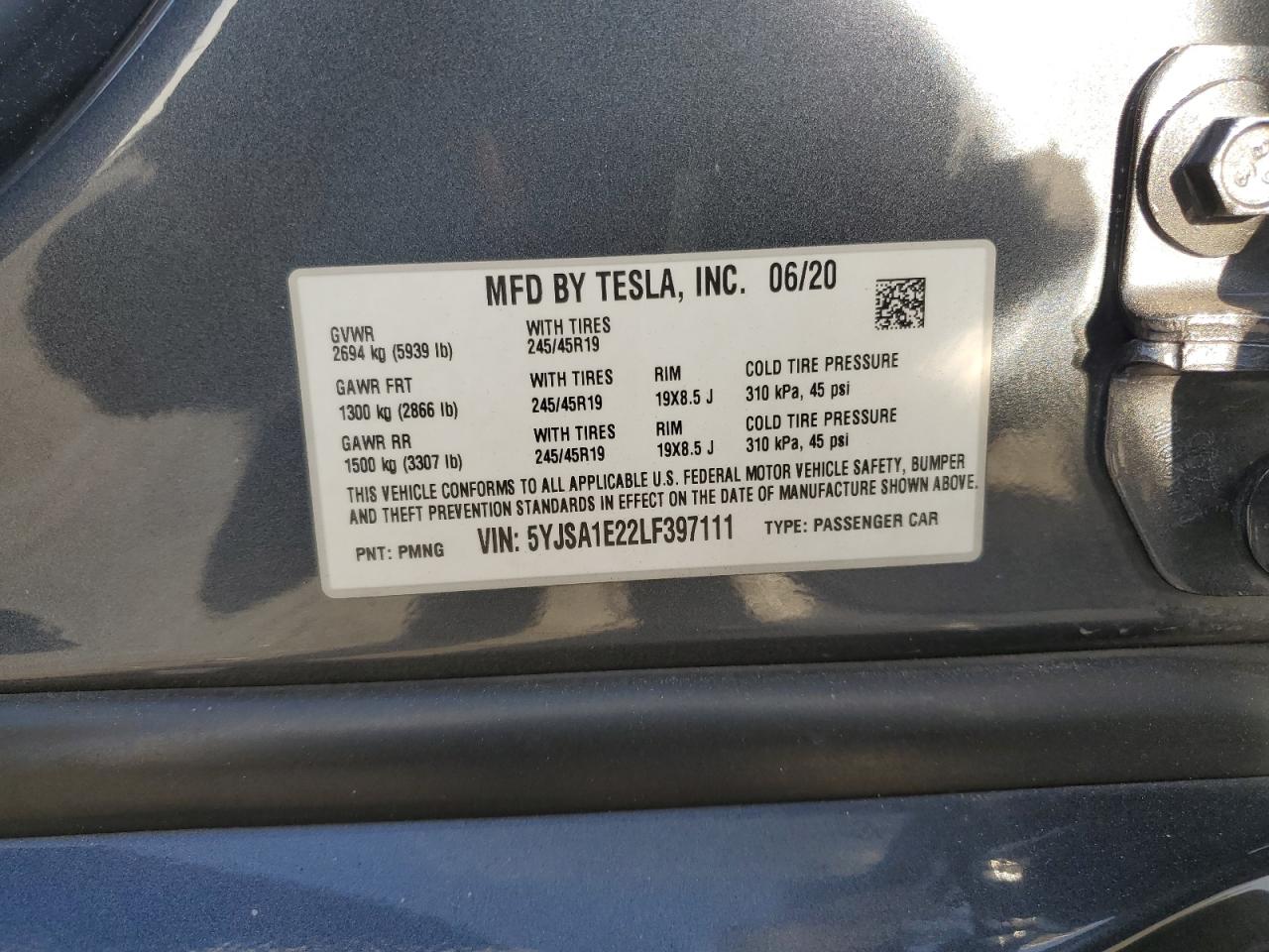 2020 Tesla Model S VIN: 5YJSA1E22LF397111 Lot: 87377024