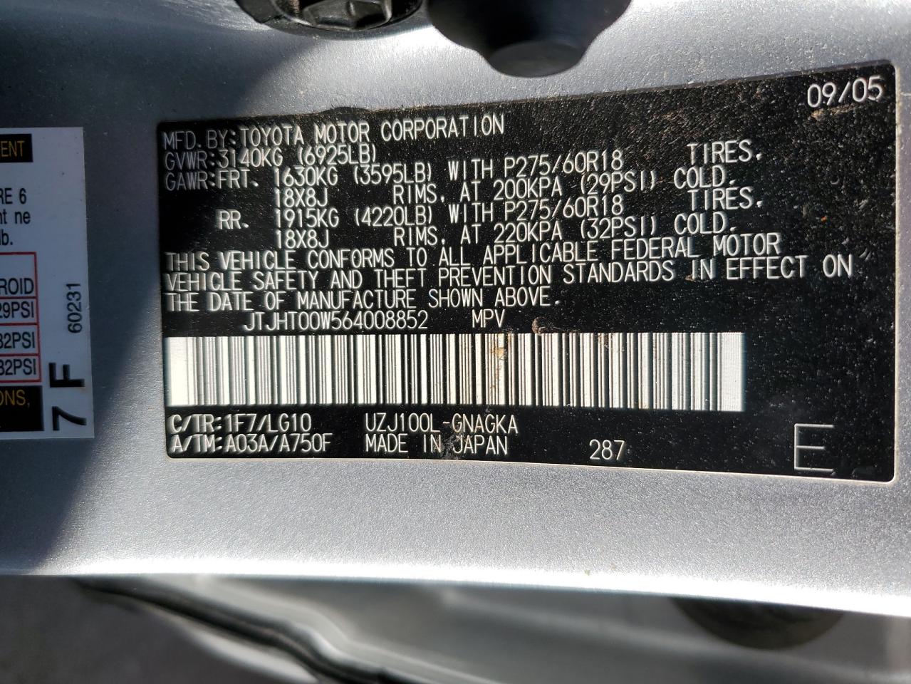 2006 Lexus Lx 470 VIN: JTJHT00W564008852 Lot: 83923244