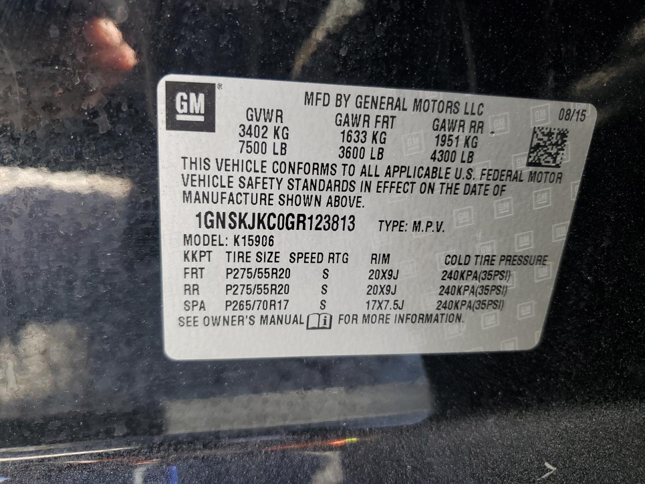 2016 Chevrolet Suburban K1500 Ltz VIN: 1GNSKJKC0GR123813 Lot: 83009764