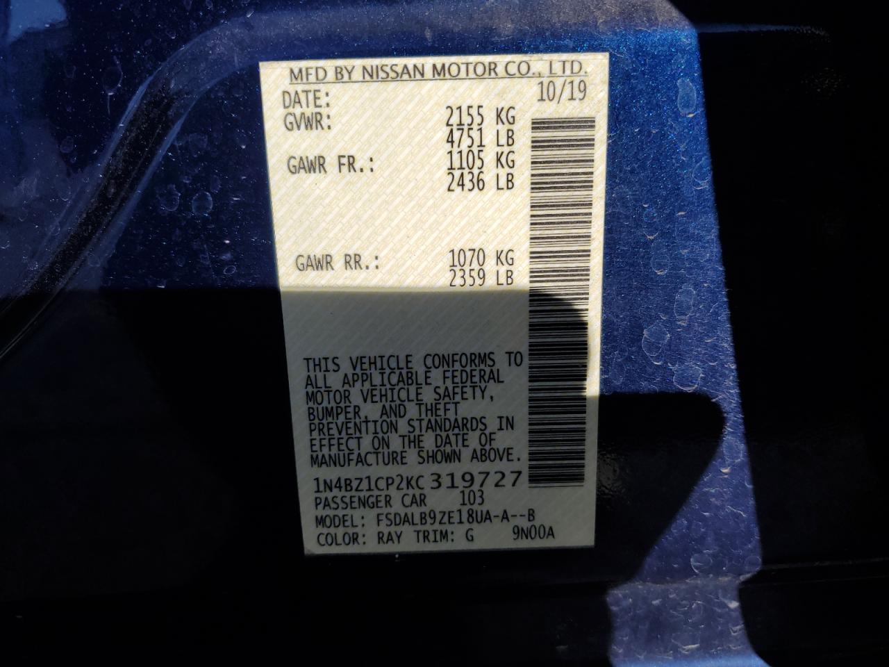 2019 Nissan Leaf S Plus VIN: 1N4BZ1CP2KC319727 Lot: 86129684