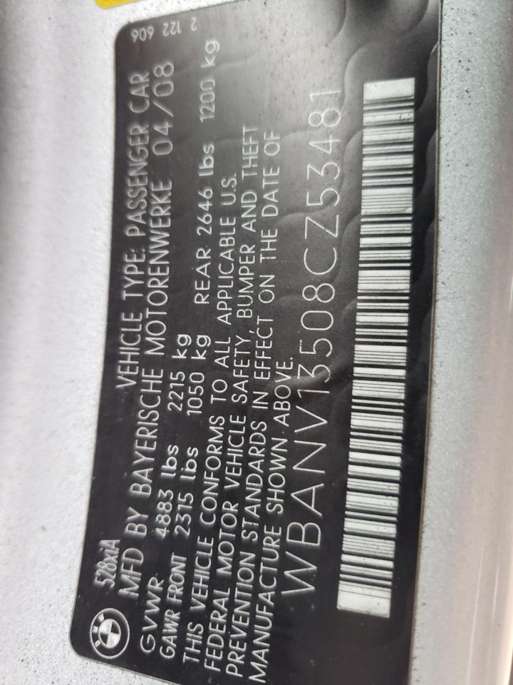 2008 BMW 528 Xi VIN: WBANV13508CZ53481 Lot: 83949994