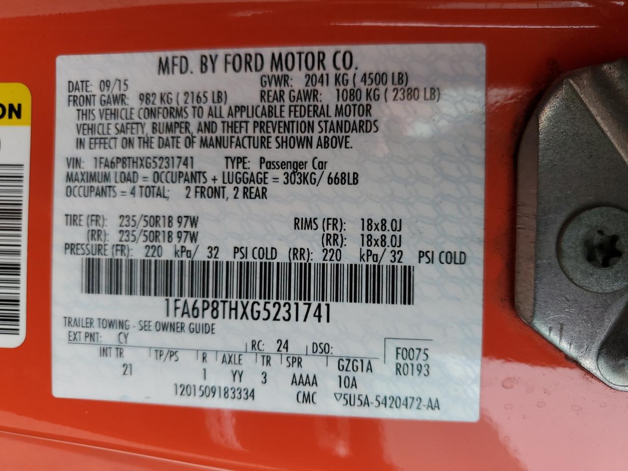 VIN 1FA6P8THXG5231741 2016 FORD ALL Models no.12