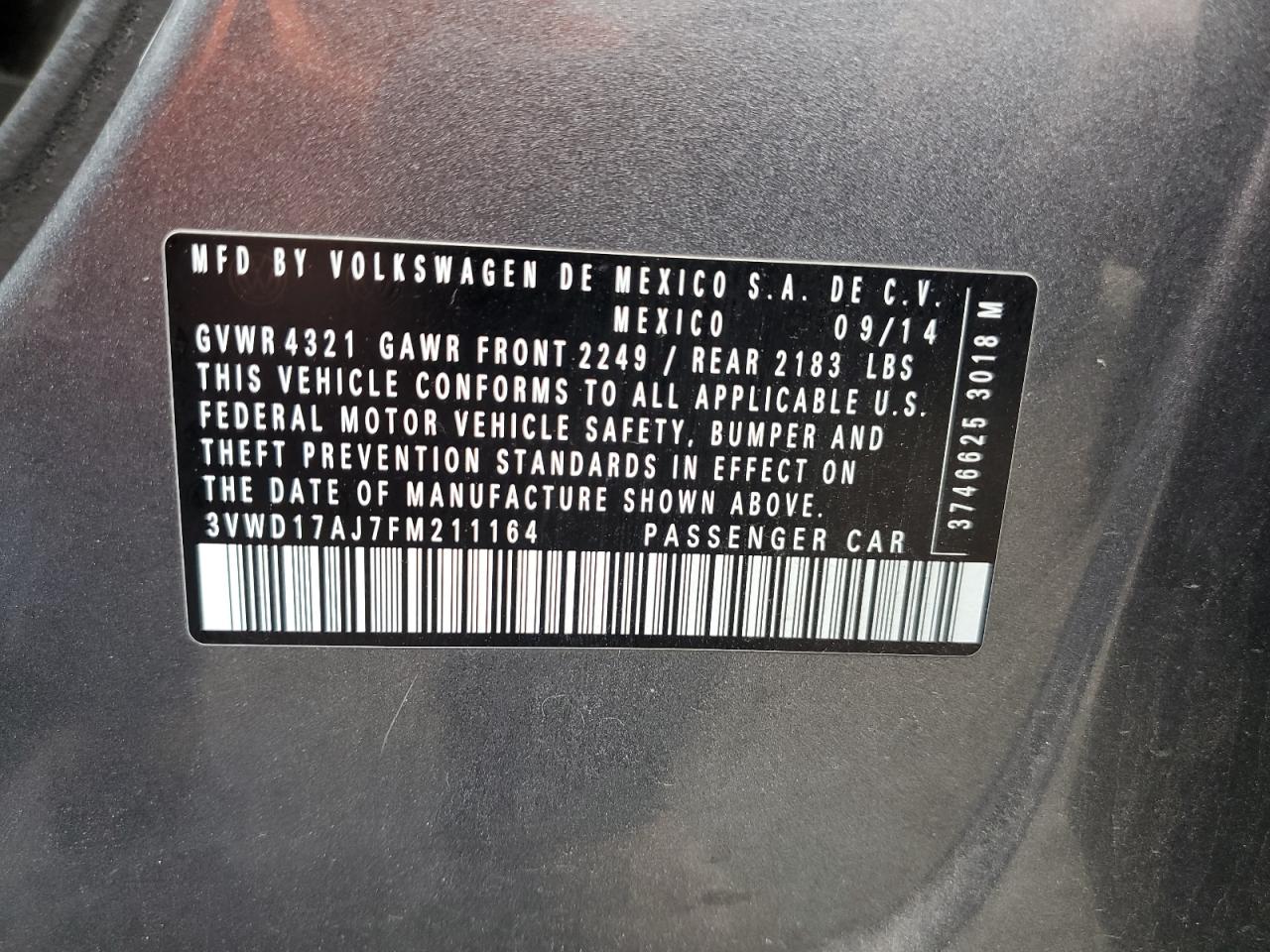 2015 Volkswagen Jetta Se VIN: 3VWD17AJ7FM211164 Lot: 84373374
