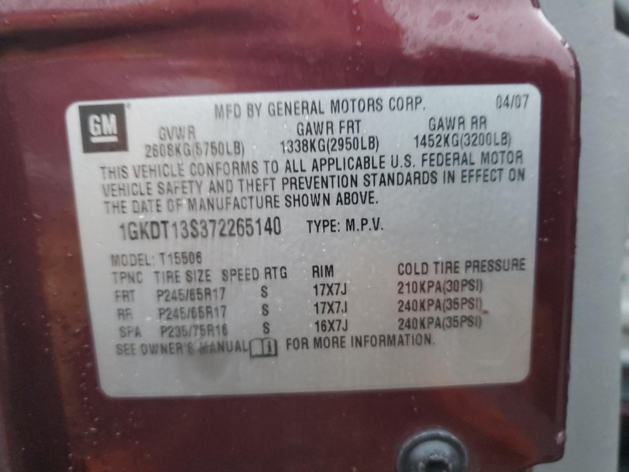 2007 GMC Envoy VIN: 1GKDT13S372265140 Lot: 84198914