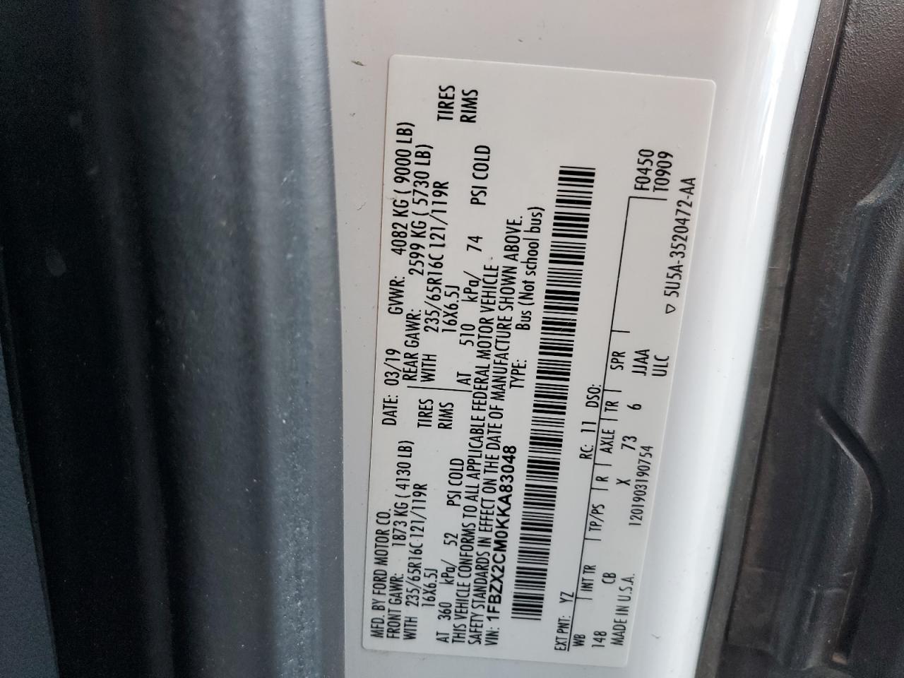 2019 Ford Transit T-350 VIN: 1FBZX2CM0KKA83048 Lot: 83295744