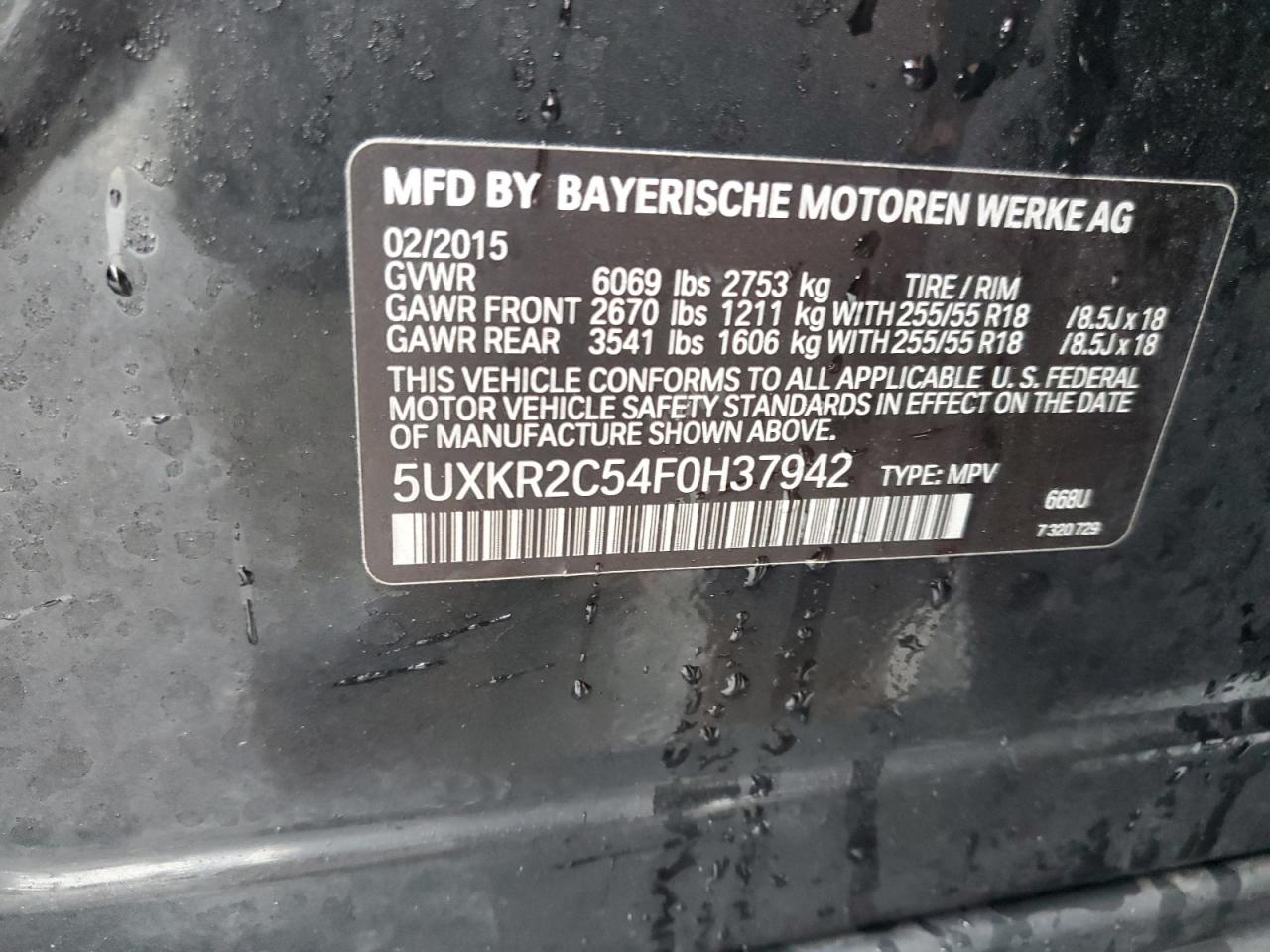 2015 BMW X5 Sdrive35I VIN: 5UXKR2C54F0H37942 Lot: 84813234