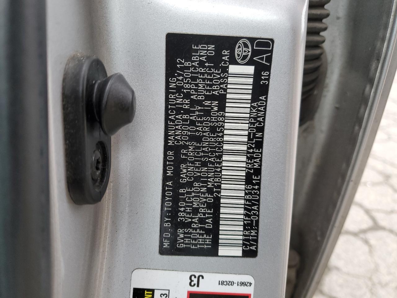 2012 Toyota Corolla Base VIN: 2T1BU4EE1CC845989 Lot: 82867484