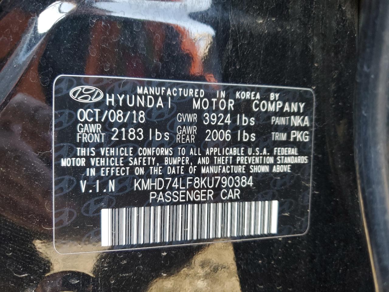 VIN KMHD74LF8KU790384 2019 HYUNDAI ELANTRA no.12