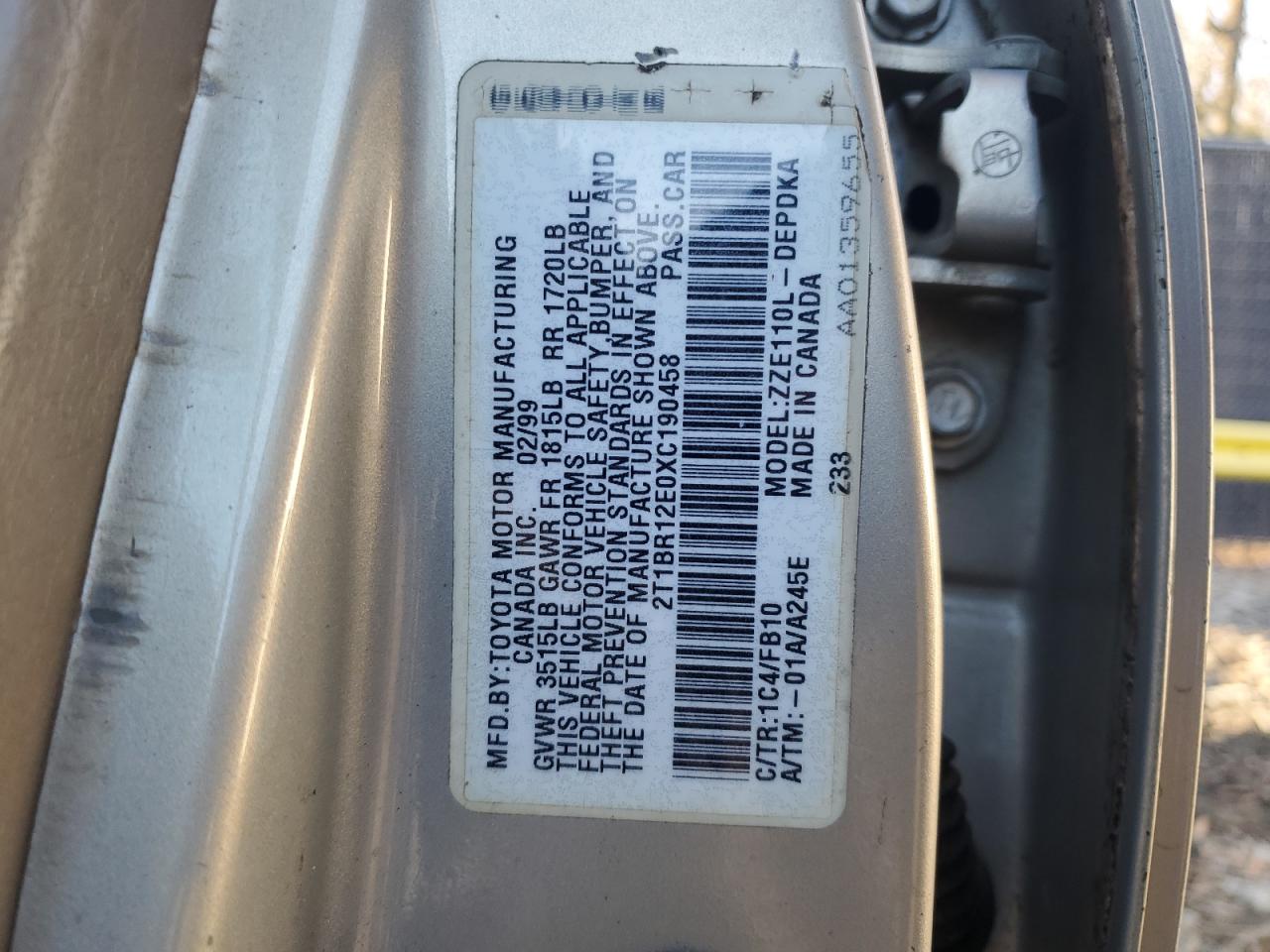 1999 Toyota Corolla Ve VIN: 2T1BR12E0XC190458 Lot: 86145034