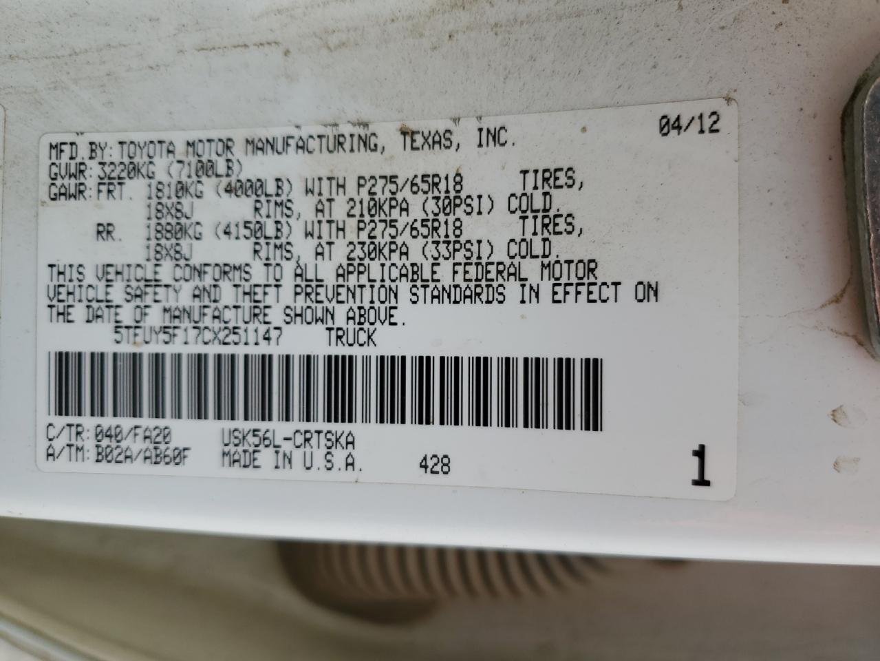 2012 Toyota Tundra Double Cab Sr5 VIN: 5TFUY5F17CX251147 Lot: 85384214