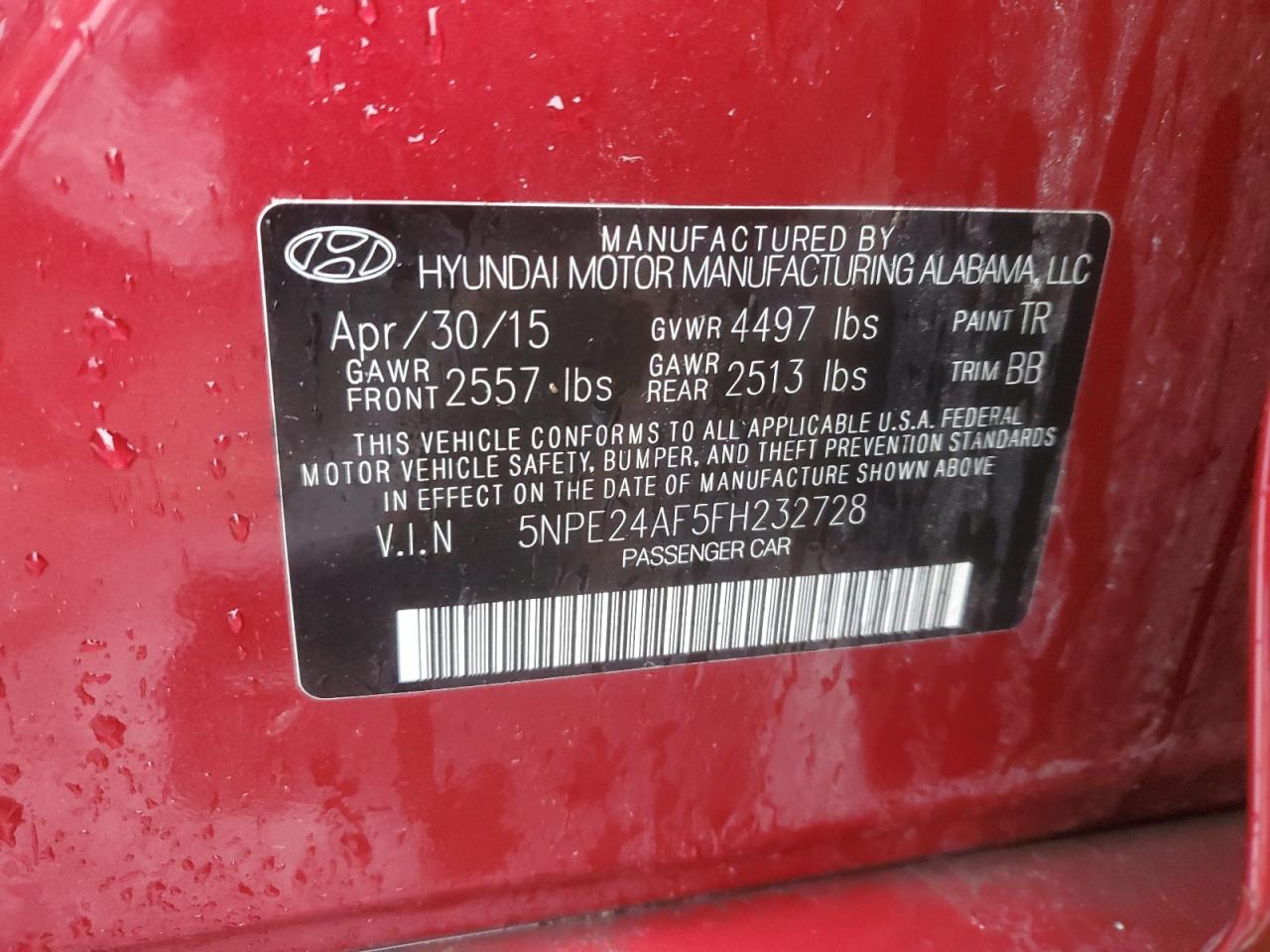 VIN 5NPE24AF5FH232728 2015 HYUNDAI SONATA no.12