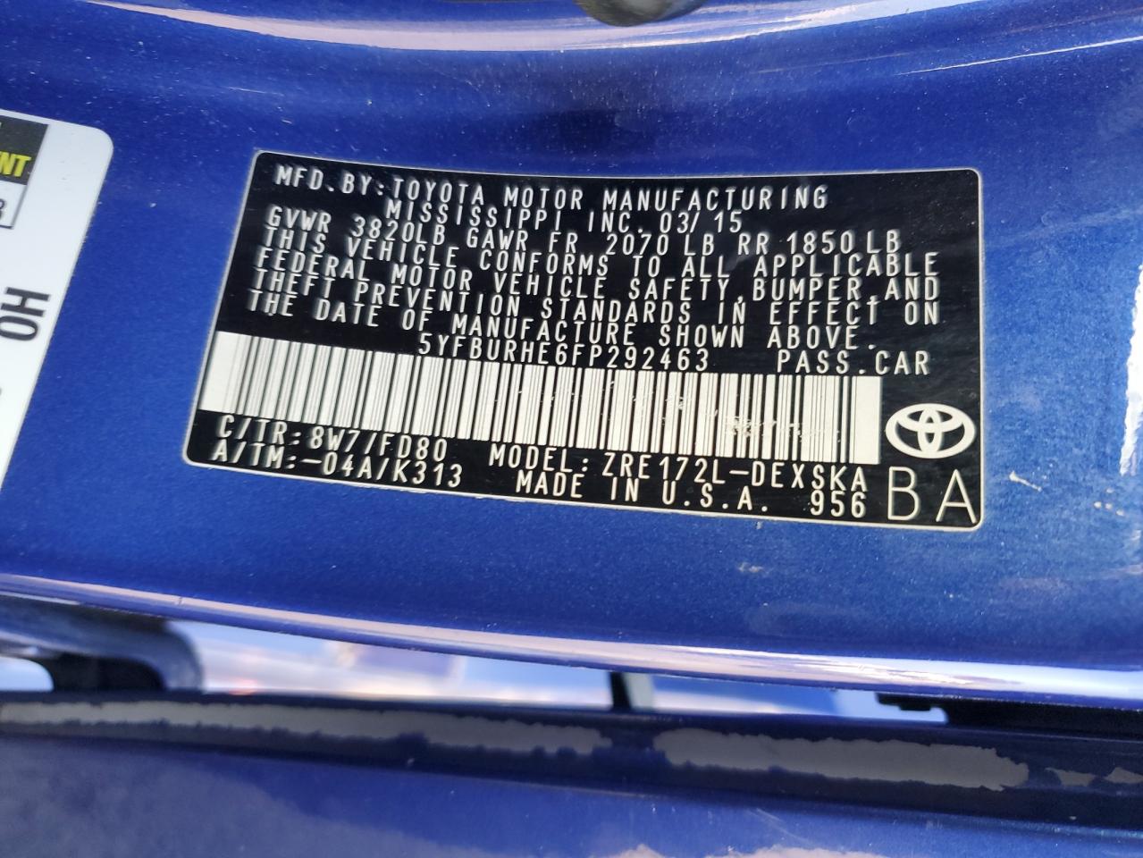 2015 Toyota Corolla L VIN: 5YFBURHE6FP292463 Lot: 85218054