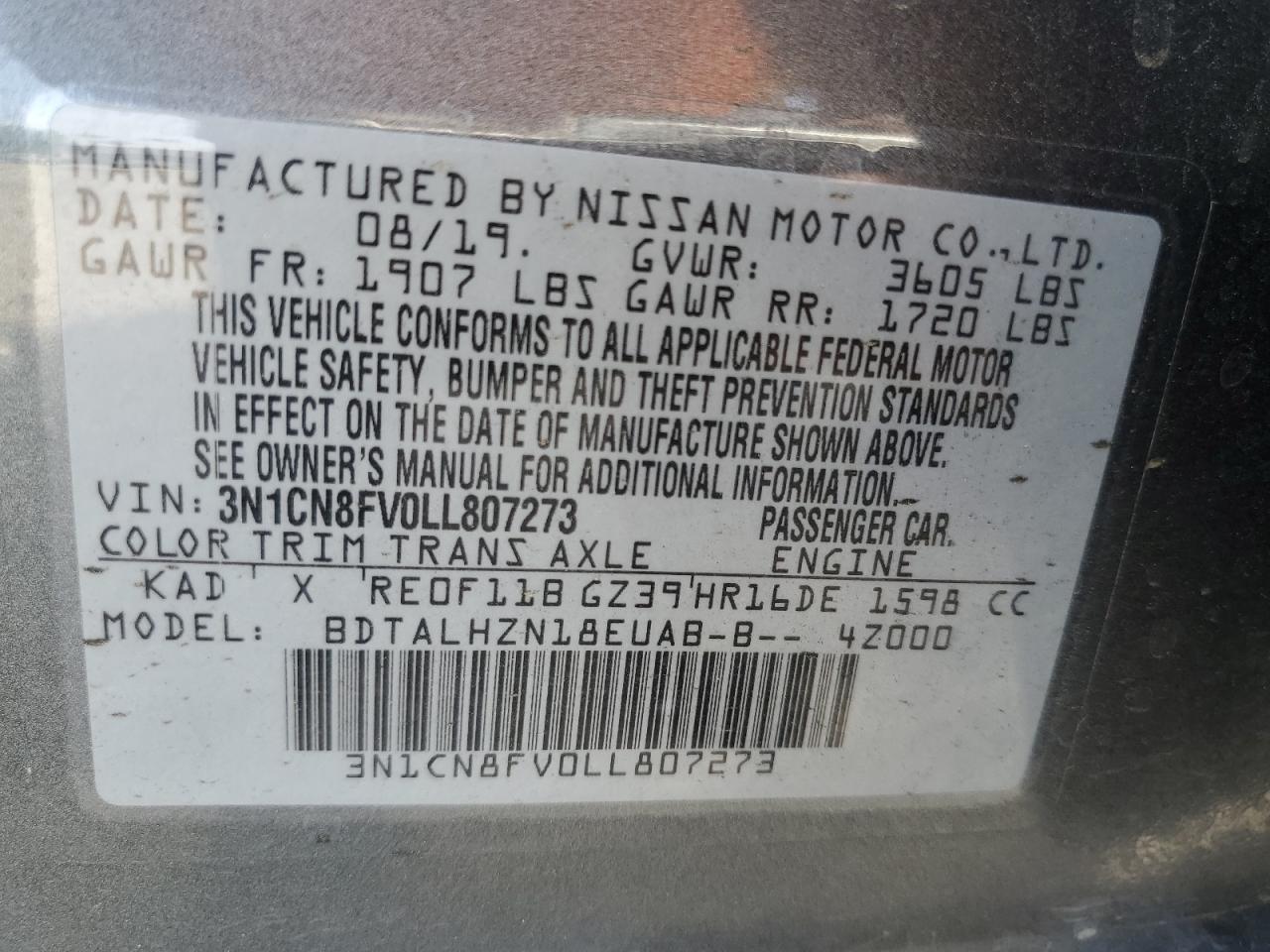 VIN 3N1CN8FV0LL807273 2020 NISSAN VERSA no.12