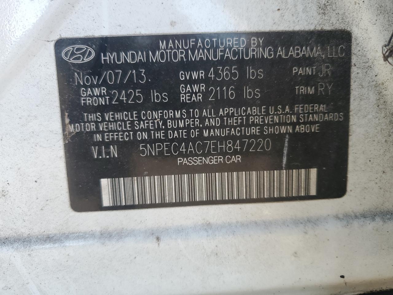 VIN 5NPEC4AC7EH847220 2014 HYUNDAI SONATA no.12