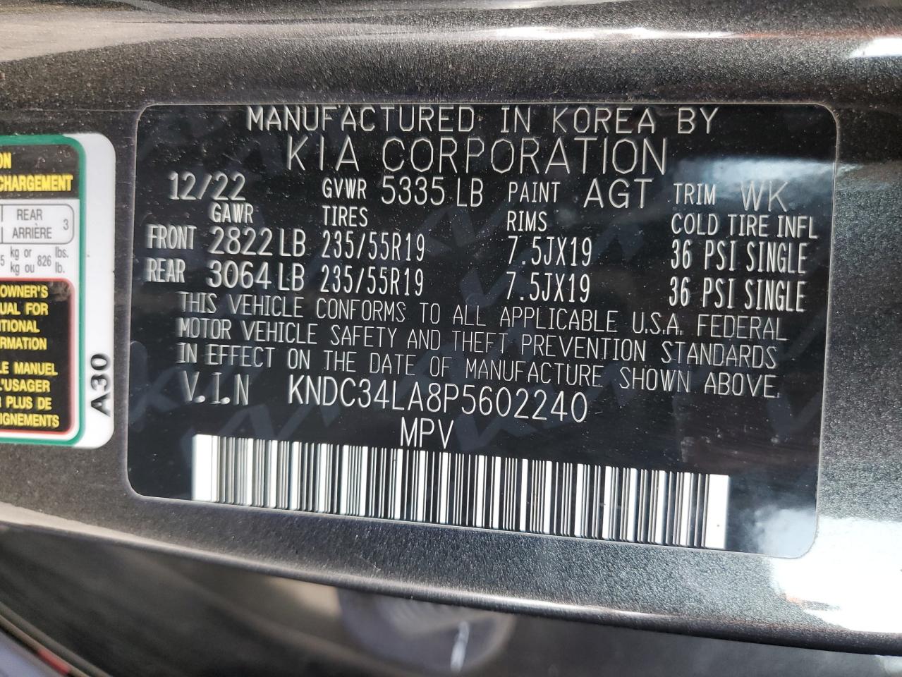 VIN KNDC34LA8P5602240 2023 KIA EV6 LIGHT no.12