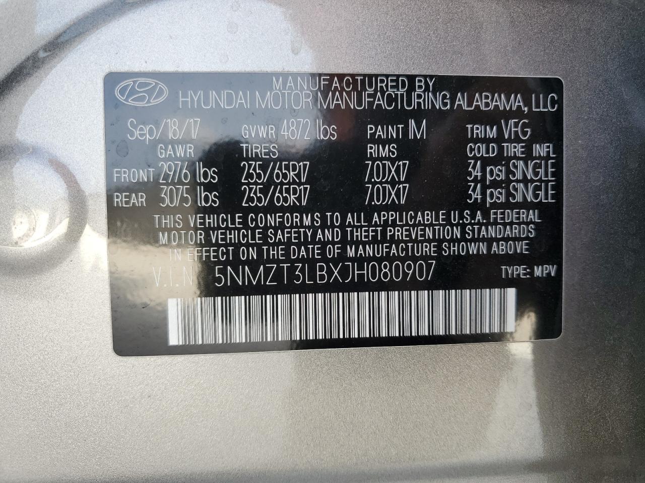 VIN 5NMZT3LBXJH080907 2018 HYUNDAI SANTA FE no.12