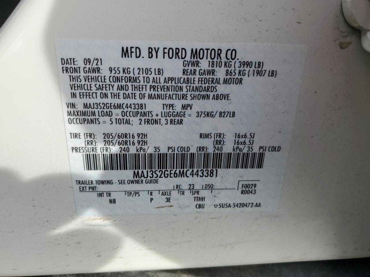 2021 Ford Ecosport Se VIN: MAJ3S2GE6MC443381 Lot: 84640664