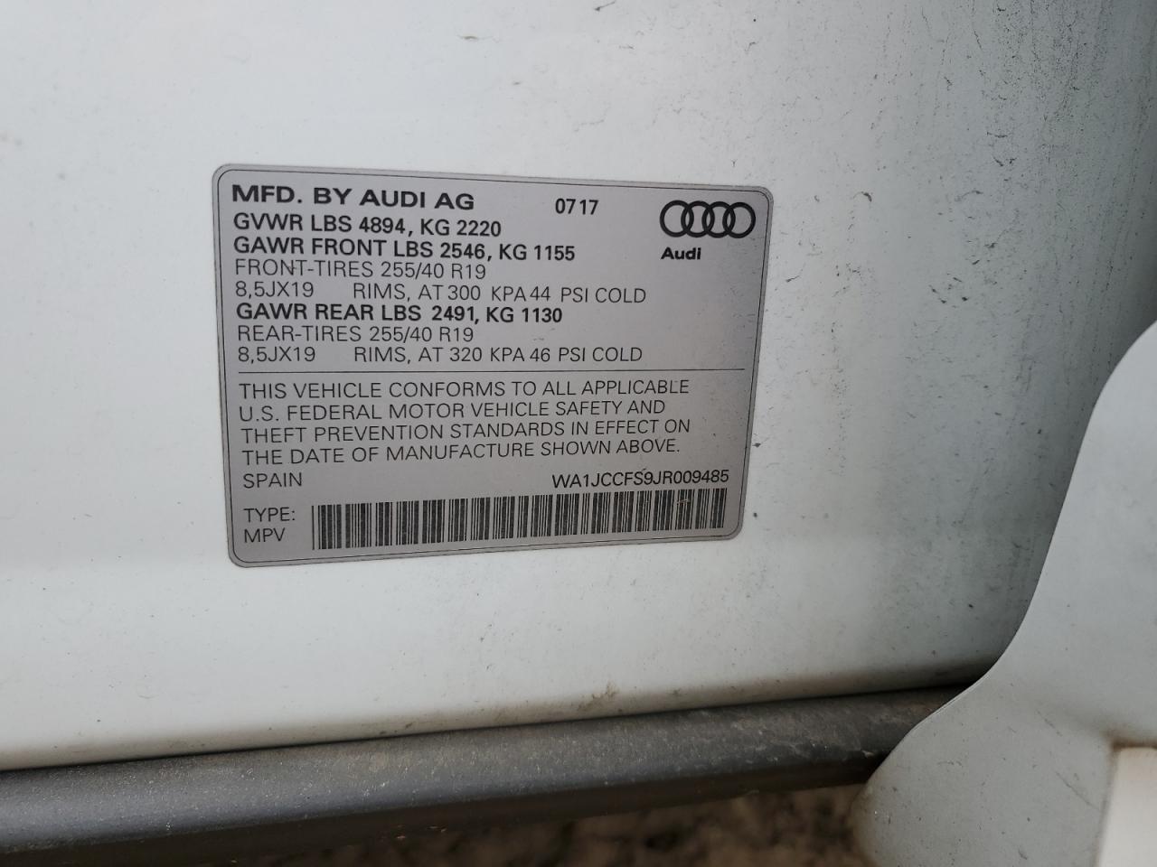 VIN WA1JCCFS9JR009485 2018 AUDI Q3 no.14