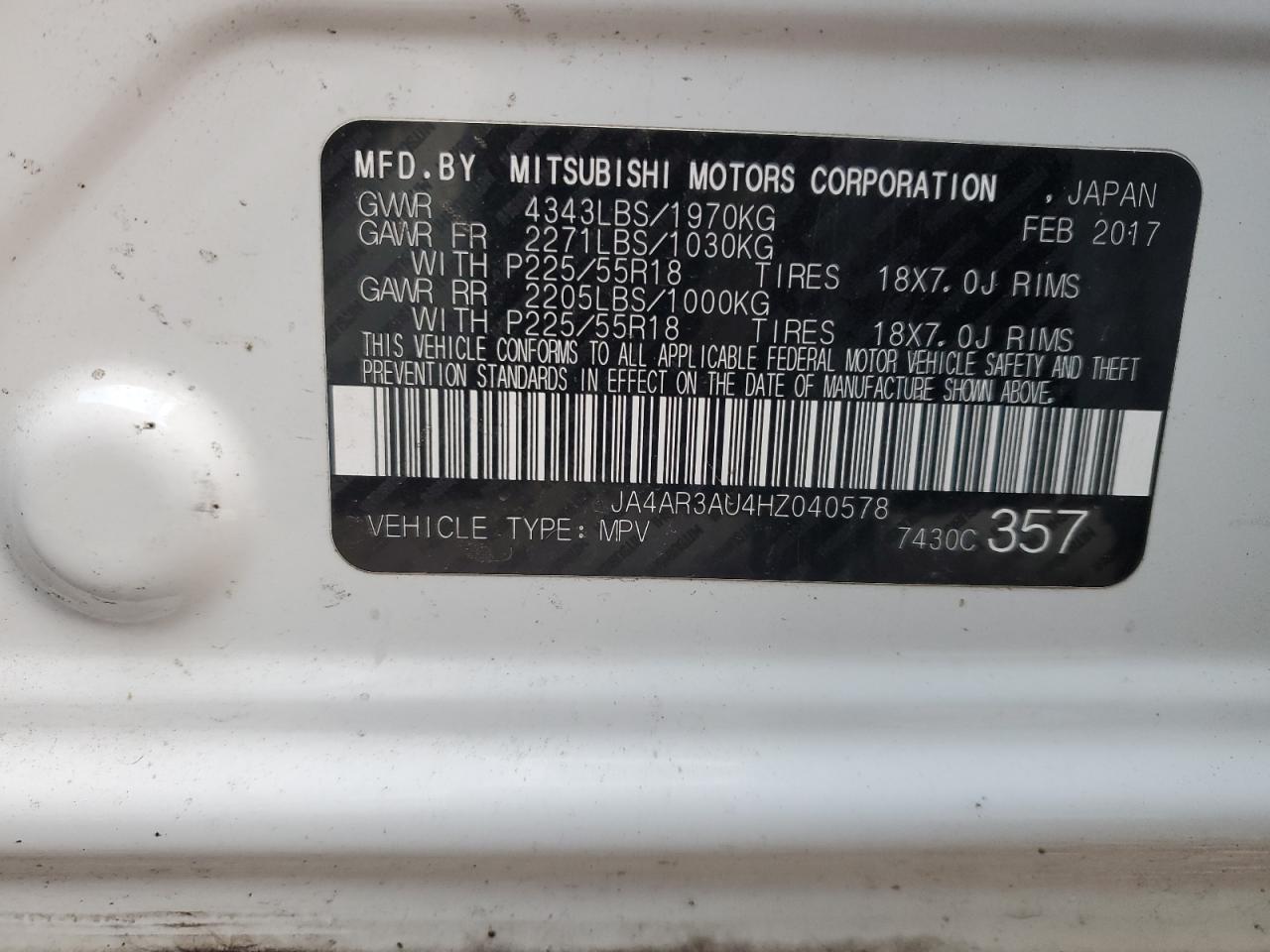 VIN JA4AR3AU4HZ040578 2017 MITSUBISHI OUTLANDER no.13