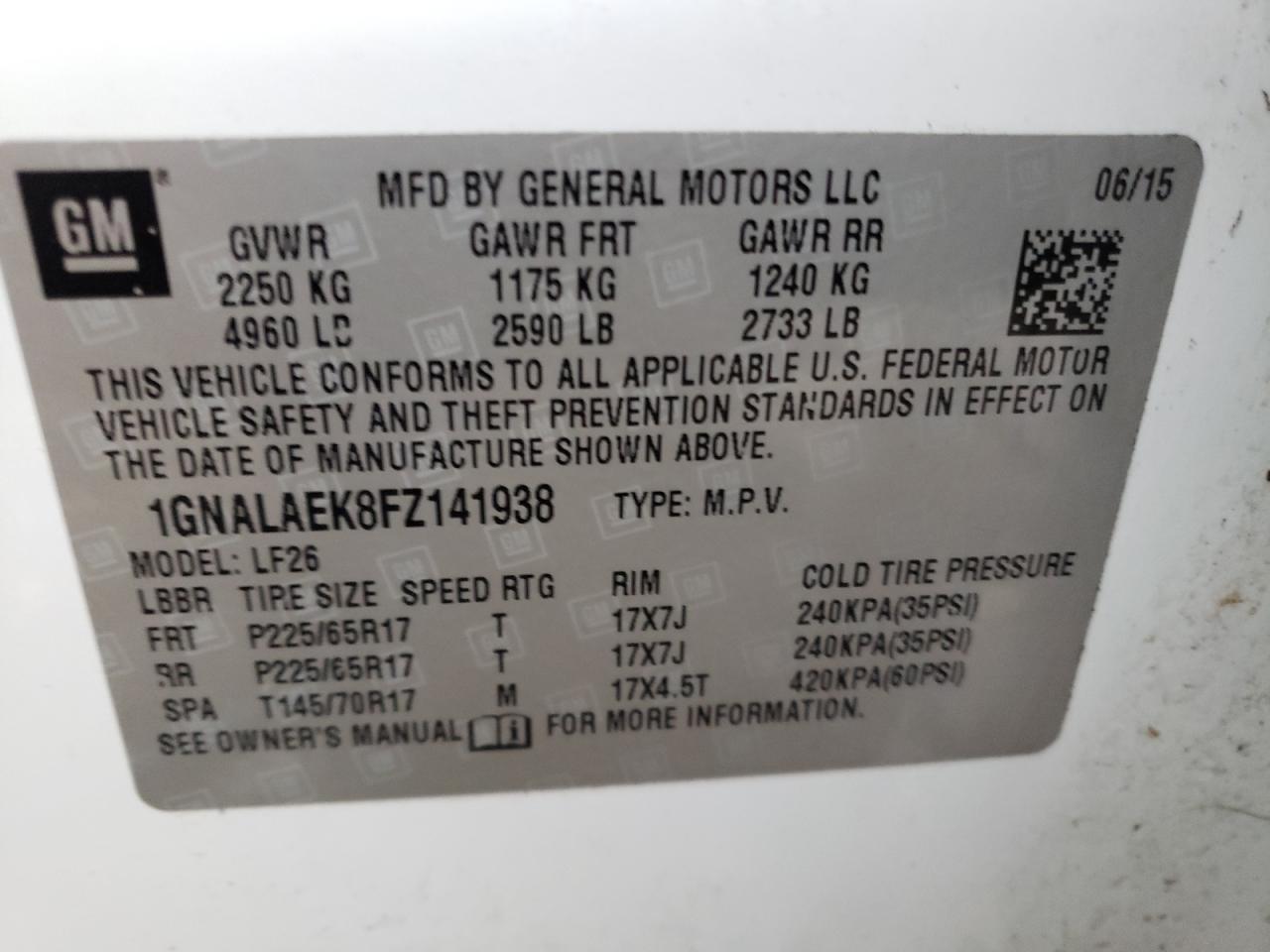 VIN 1GNALAEK8FZ141938 2015 CHEVROLET EQUINOX no.14