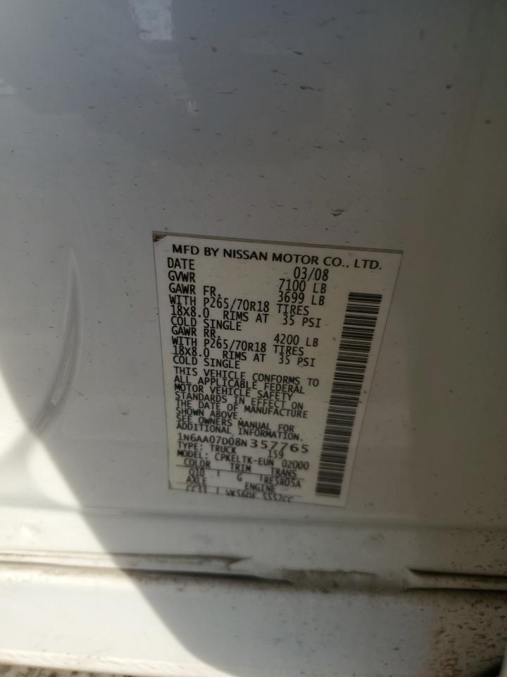 2008 Nissan Titan Xe VIN: 1N6AA07D08N357765 Lot: 85928744