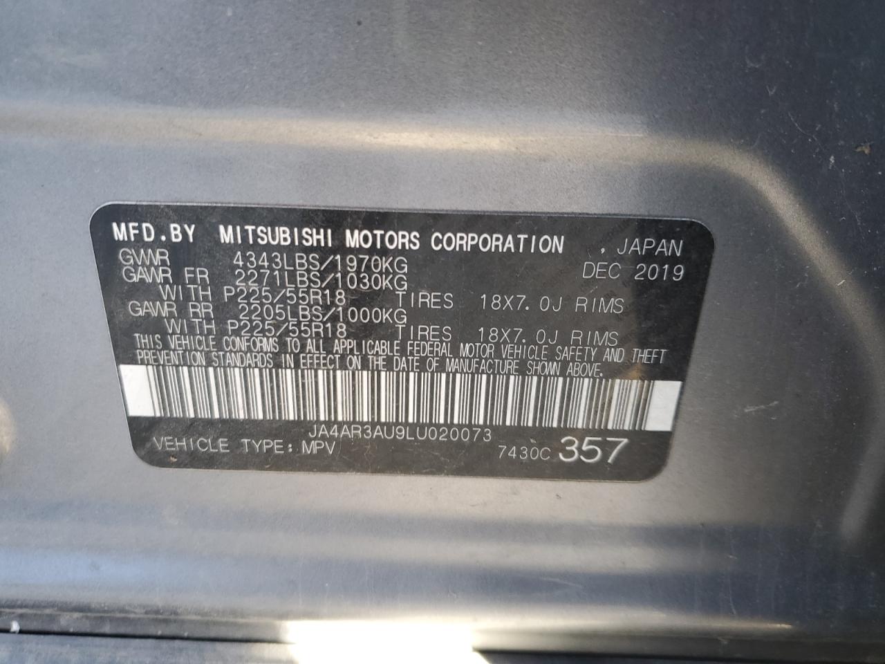 2020 Mitsubishi Outlander Sport Es VIN: JA4AR3AU9LU020073 Lot: 83584454