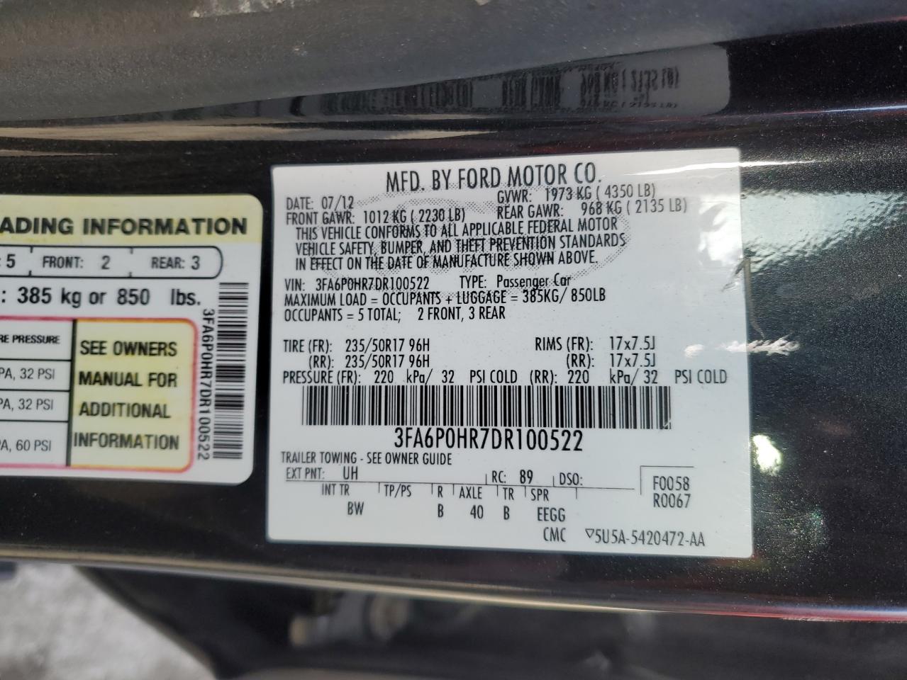 VIN 3FA6P0HR7DR100522 2013 FORD FUSION no.12