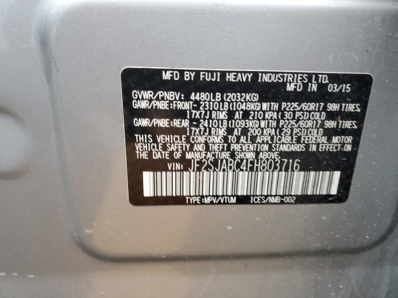 2015 Subaru Forester 2.5I VIN: JF2SJABC4FH803716 Lot: 83860934