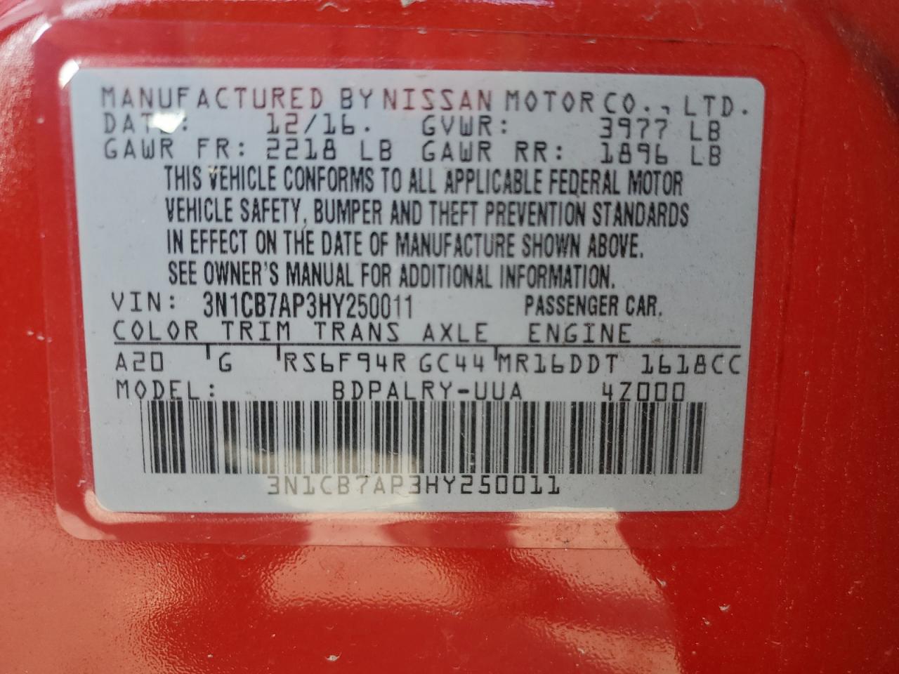 VIN 3N1CB7AP3HY250011 2017 NISSAN SENTRA no.13