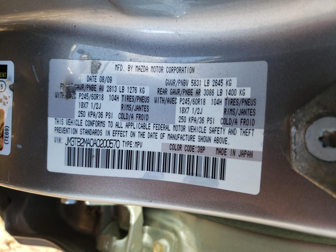 2010 Mazda Cx-9 VIN: JM3TB2MA0A0200570 Lot: 85247284