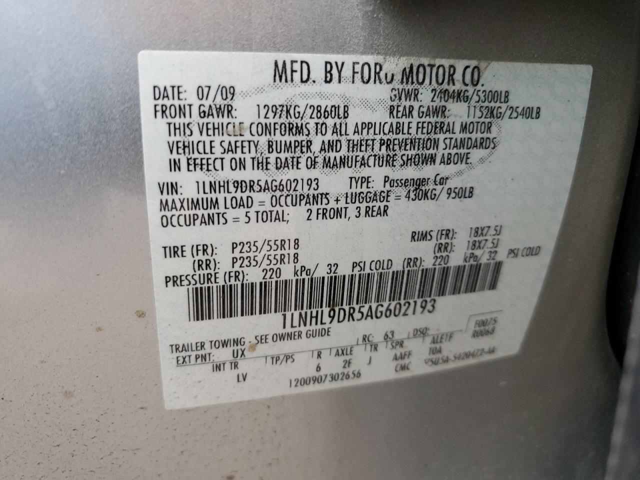 2010 Lincoln Mks VIN: 1LNHL9DR5AG602193 Lot: 86320614