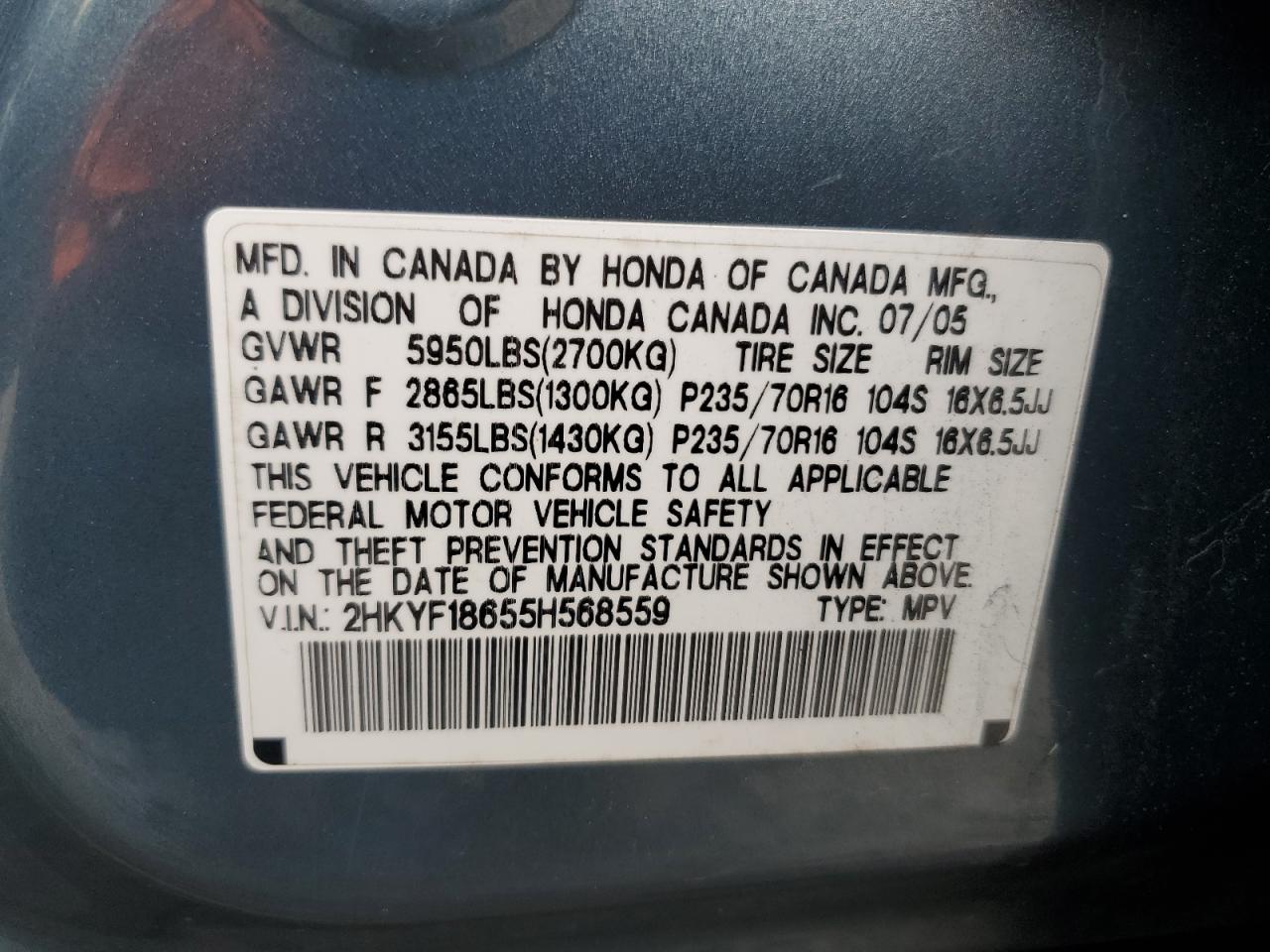 2005 Honda Pilot Exl VIN: 2HKYF18655H568559 Lot: 87066074