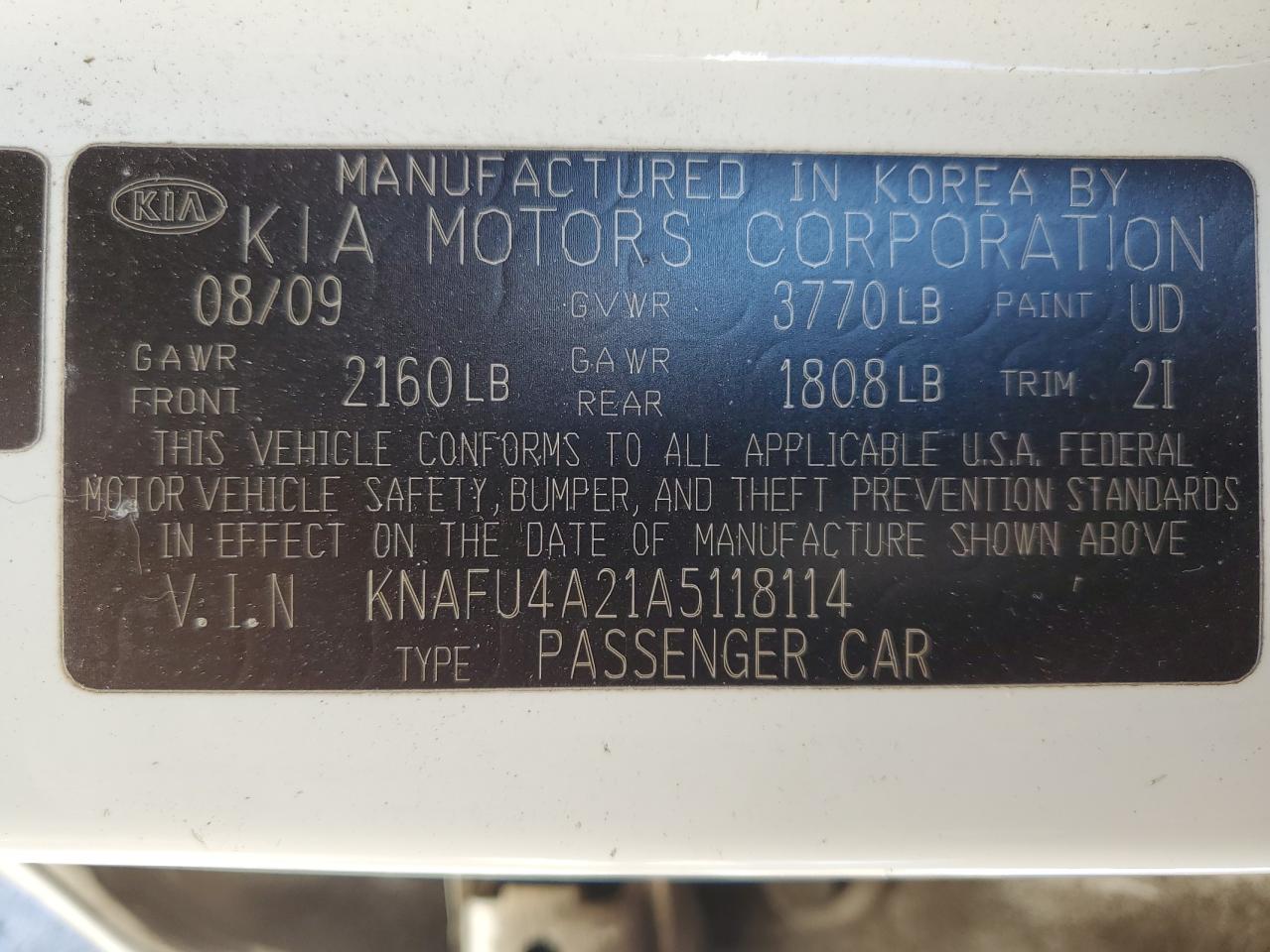2010 Kia Forte Ex VIN: KNAFU4A21A5118114 Lot: 86170124