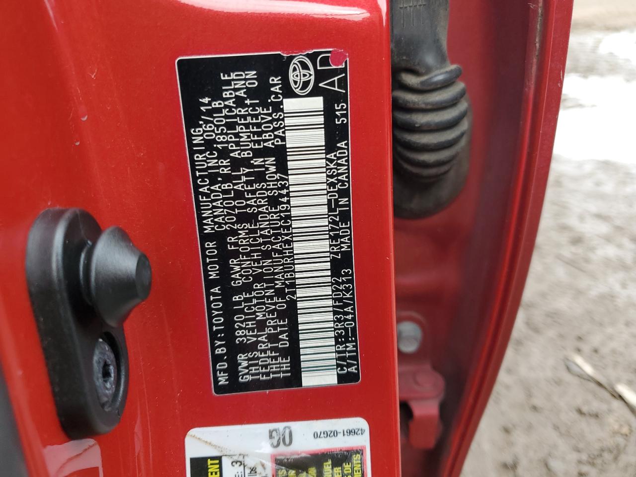 2014 Toyota Corolla L VIN: 2T1BURHEXEC194437 Lot: 86622074