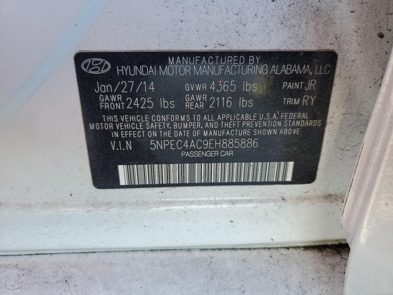 VIN 5NPEC4AC9EH885886 2014 HYUNDAI SONATA no.12