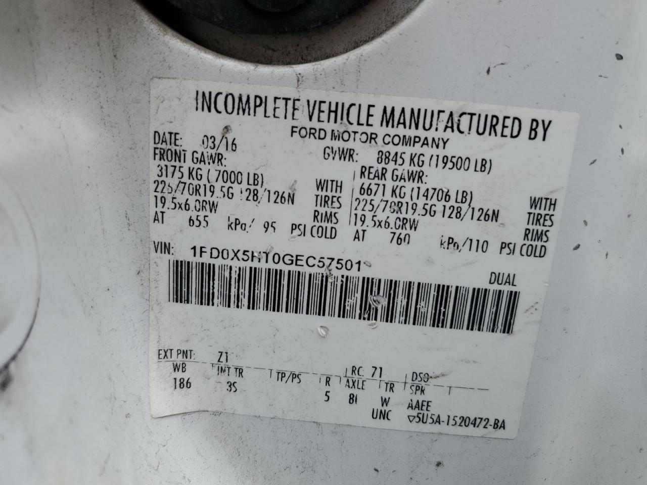 2016 Ford F550 Super Duty VIN: 1FD0X5HT0GEC57501 Lot: 81521444