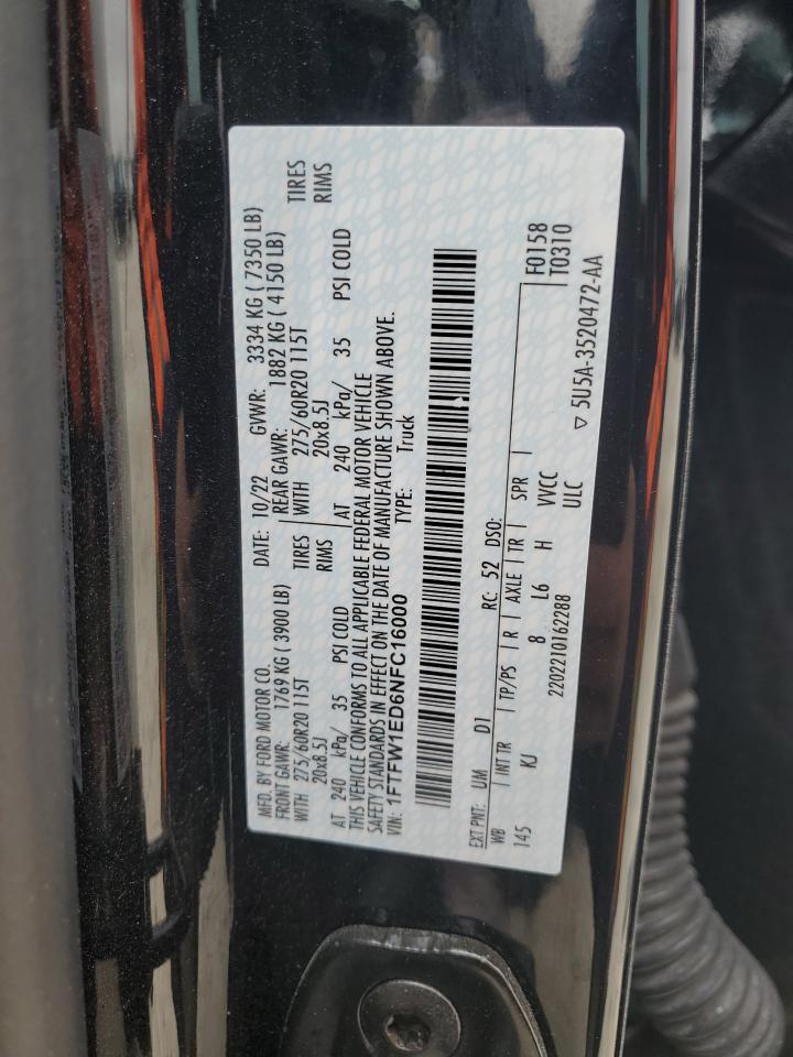 2022 Ford F150 Supercrew VIN: 1FTFW1ED6NFC16000 Lot: 84555234