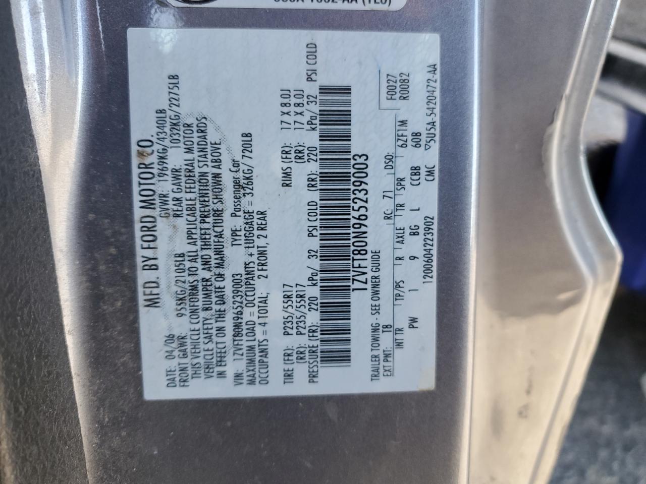 2006 Ford Mustang VIN: 1ZVFT80N965239003 Lot: 83795604