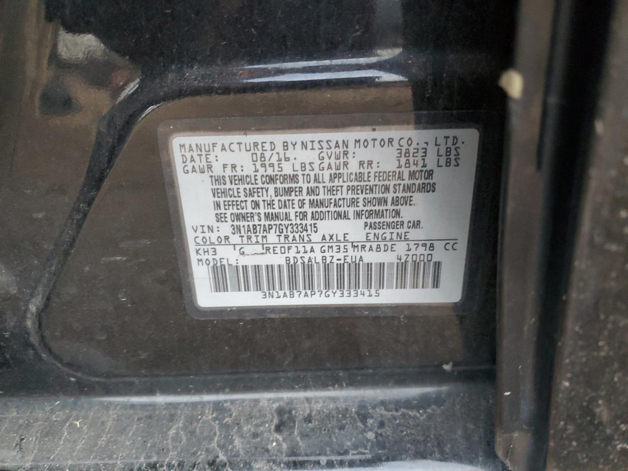 2016 Nissan Sentra S VIN: 3N1AB7AP7GY333415 Lot: 85440324