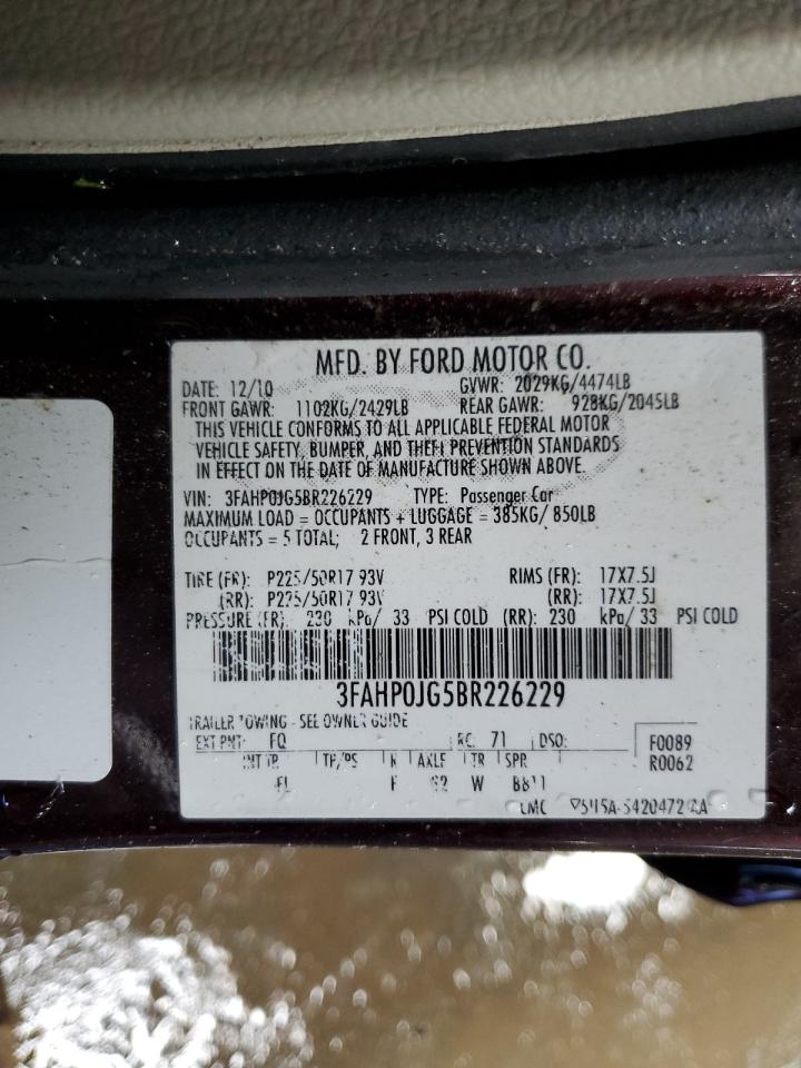 2011 Ford Fusion Sel VIN: 3FAHP0JG5BR226229 Lot: 82605294