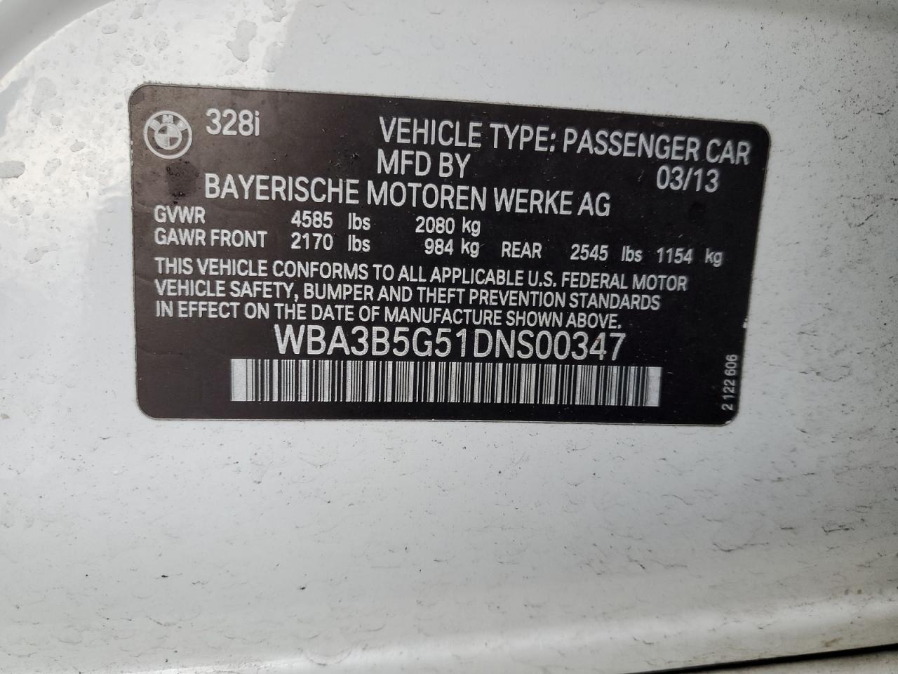 VIN WBA3B5G51DNS00347 2013 BMW 3 SERIES no.12