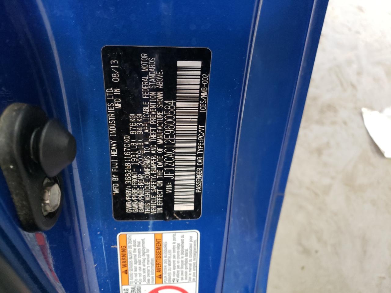 2014 Subaru Brz 2.0 Limited VIN: JF1ZCAC12E9600584 Lot: 84387404