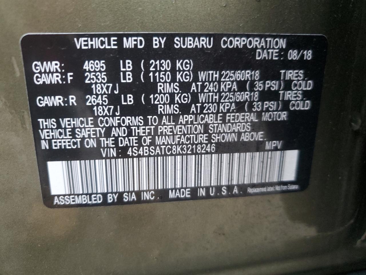 VIN 4S4BSATC8K3218246 2019 SUBARU OUTBACK no.13