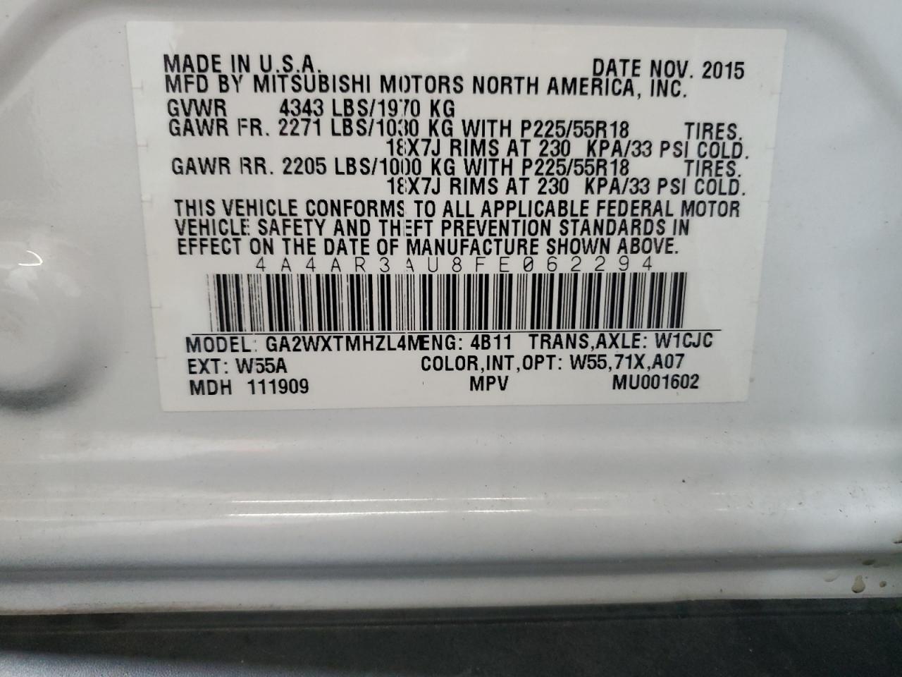 VIN 4A4AR3AU8FE062294 2015 MITSUBISHI OUTLANDER no.14